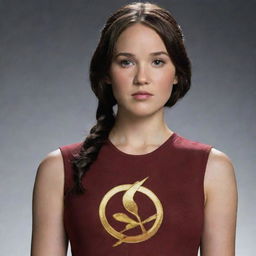 A brunette character symbolizing Panem, standing dedicatedly with a determined expression, holding a symbol that signifies unity.