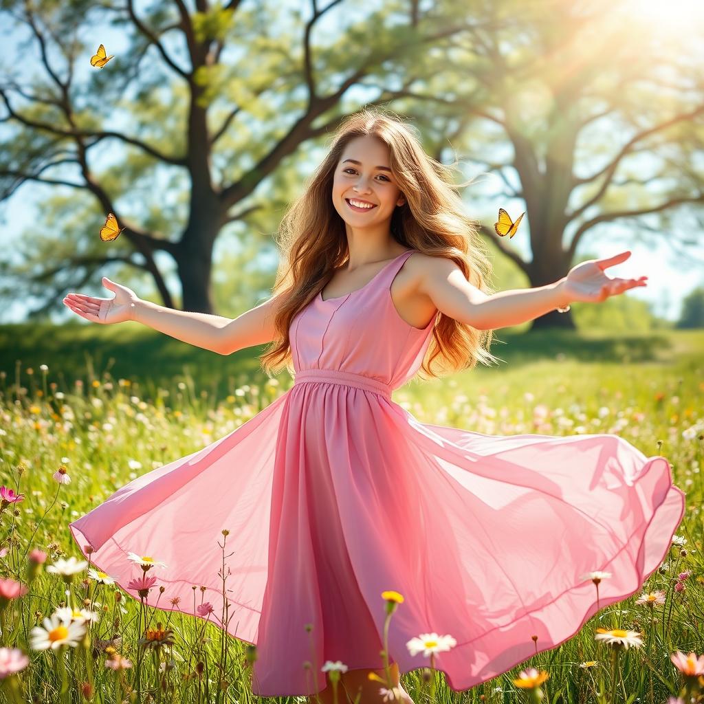 A serene and peaceful outdoor scene featuring a young woman, dressed in a flowing summer dress, standing in a sunlit meadow filled with wildflowers