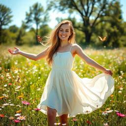 A serene and peaceful outdoor scene featuring a young woman, dressed in a flowing summer dress, standing in a sunlit meadow filled with wildflowers