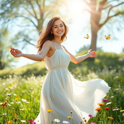 A serene and peaceful outdoor scene featuring a young woman, dressed in a flowing summer dress, standing in a sunlit meadow filled with wildflowers