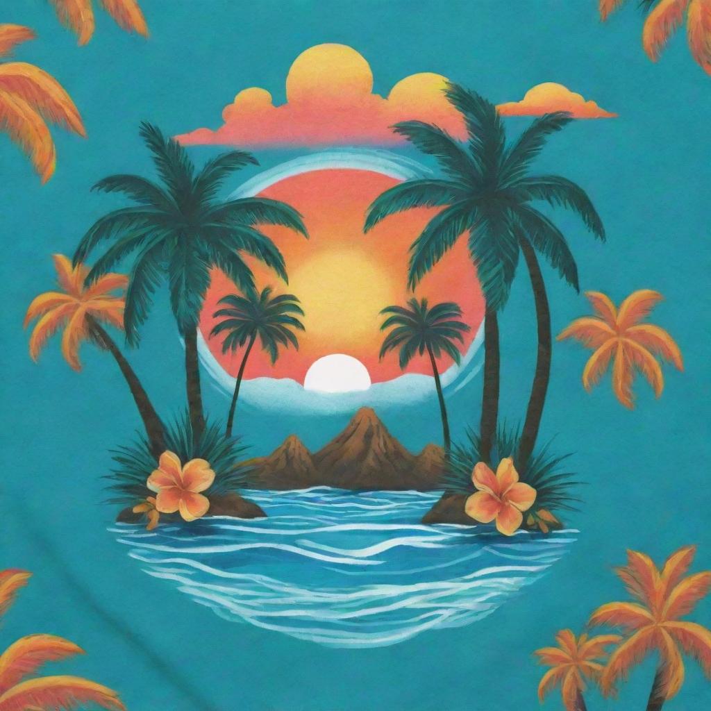 A shirt design inspired by a Pacific Island theme, incorporating elements such as palm trees, tropical flowers, turquoise seas, and stunning sunsets.