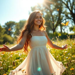 A serene and peaceful outdoor scene featuring a young woman, dressed in a flowing summer dress, standing in a sunlit meadow filled with wildflowers