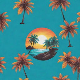 A shirt design inspired by a Pacific Island theme, incorporating elements such as palm trees, tropical flowers, turquoise seas, and stunning sunsets.