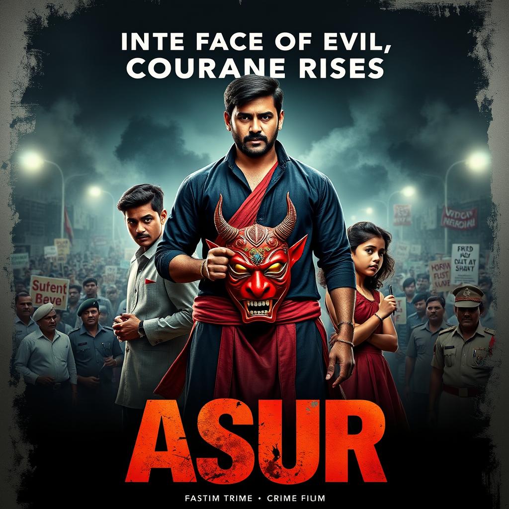 An action crime film poster for 'ASUR', showcasing a determined Indian man in traditional attire holding a vibrant devil mask that symbolizes the battle against societal evils