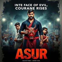 An action crime film poster for 'ASUR', showcasing a determined Indian man in traditional attire holding a vibrant devil mask that symbolizes the battle against societal evils