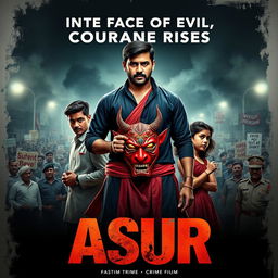 An action crime film poster for 'ASUR', showcasing a determined Indian man in traditional attire holding a vibrant devil mask that symbolizes the battle against societal evils