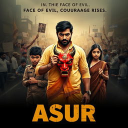 An action crime film poster for 'ASUR', showcasing a determined Indian man in traditional attire holding a vibrant devil mask that symbolizes the battle against societal evils