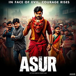 An action crime film poster for 'ASUR', showcasing a determined Indian man in traditional attire holding a vibrant devil mask that symbolizes the battle against societal evils