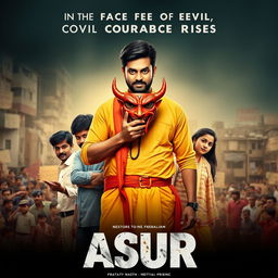 An action crime film poster for 'ASUR', showcasing a determined Indian man in traditional attire holding a vibrant devil mask that symbolizes the battle against societal evils