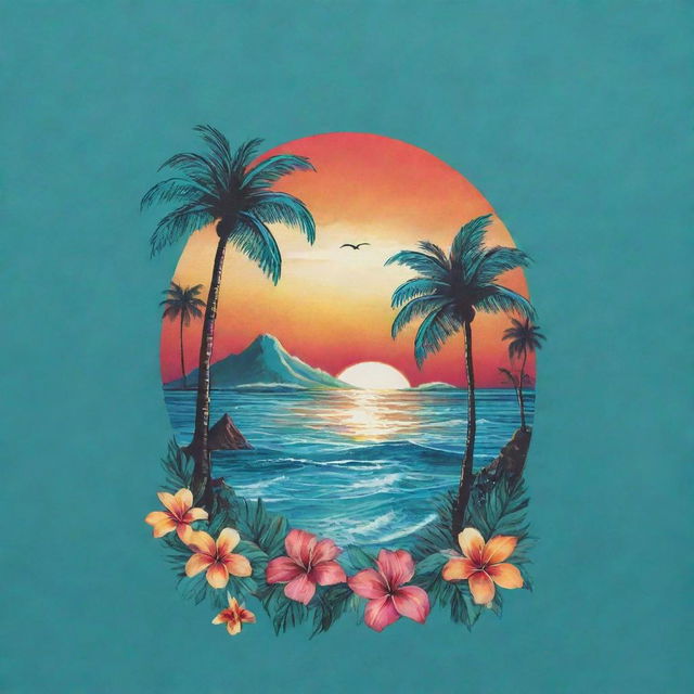 A shirt design inspired by a Pacific Island theme, incorporating elements such as palm trees, tropical flowers, turquoise seas, and stunning sunsets.