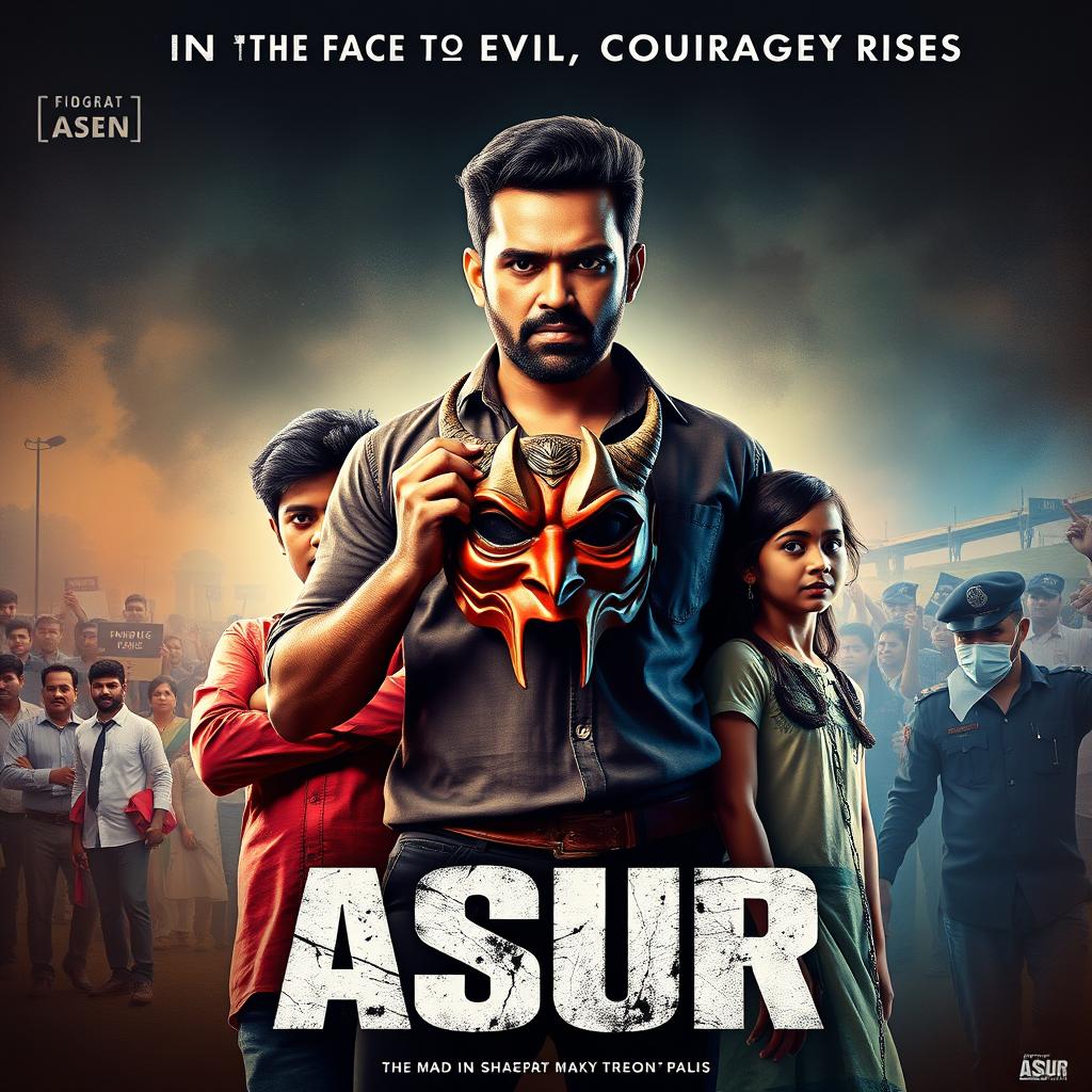 Action crime film poster featuring a determined Indian man prominently holding a traditional devil mask, representing the fight against societal evils