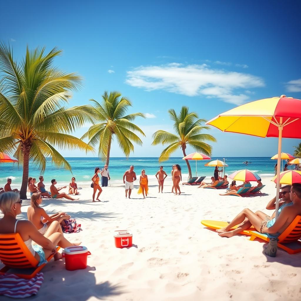 A vibrant beach scene featuring a sunny day with a clear blue sky, soft white sand, and gentle waves lapping at the shore