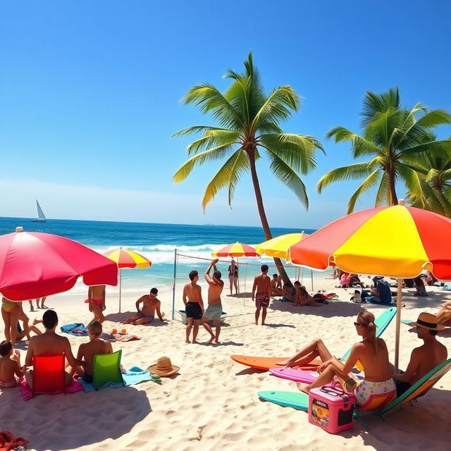 A vibrant beach scene featuring a sunny day with a clear blue sky, soft white sand, and gentle waves lapping at the shore