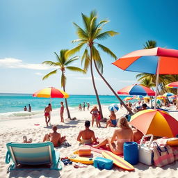 A vibrant beach scene featuring a sunny day with a clear blue sky, soft white sand, and gentle waves lapping at the shore