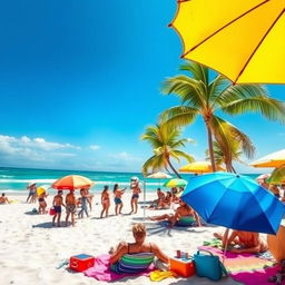 A vibrant beach scene featuring a sunny day with a clear blue sky, soft white sand, and gentle waves lapping at the shore