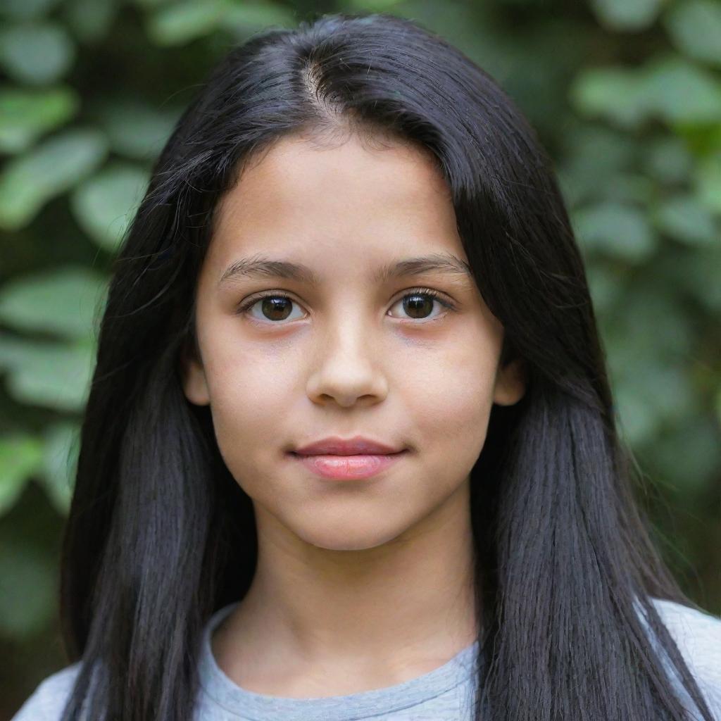 Updated portrait of the same light-skinned girl aged between 11 and 13 years old, now with longer, dynamic-looking black hair