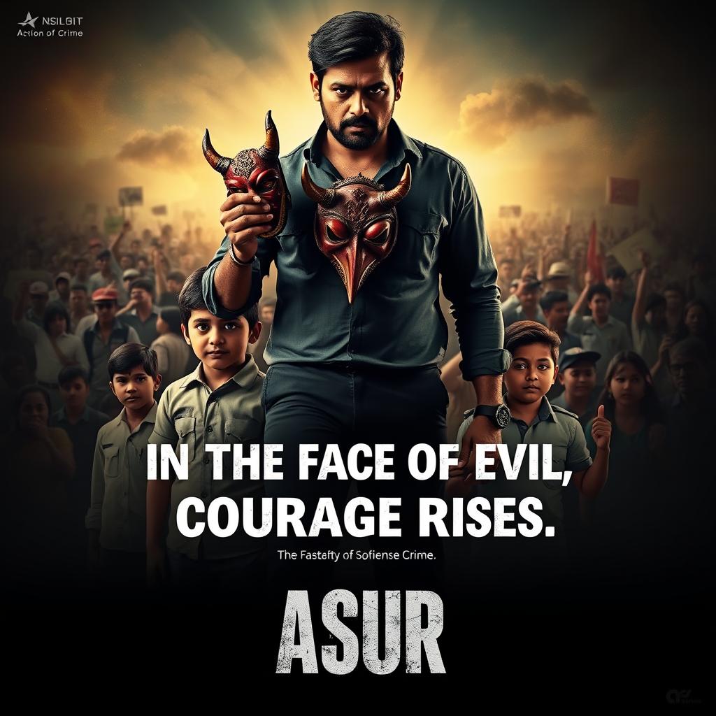 An action crime film poster for 'Asur' featuring a determined Indian man holding a traditional devil mask, symbolizing the fight against societal evils