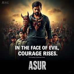 An action crime film poster for 'Asur' featuring a determined Indian man holding a traditional devil mask, symbolizing the fight against societal evils