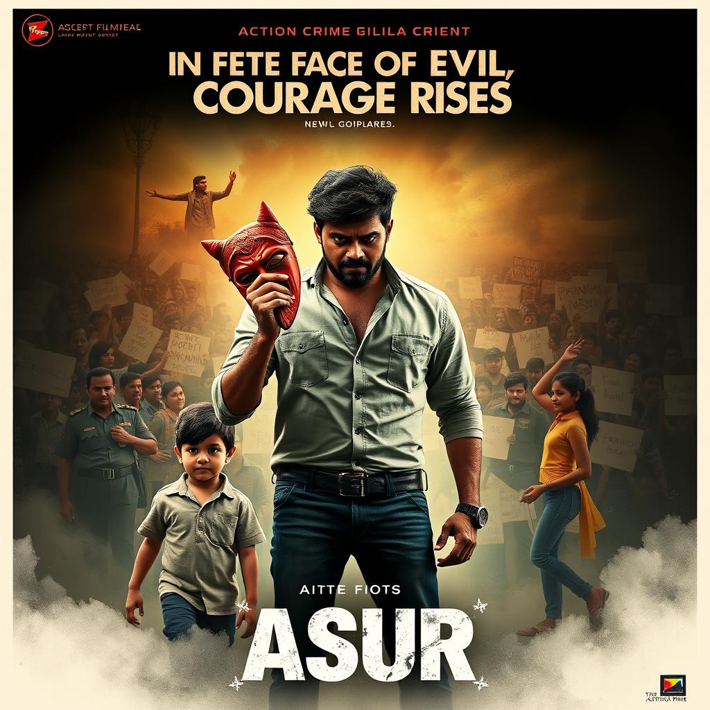 An action crime film poster for 'Asur' featuring a determined Indian man holding a traditional devil mask, symbolizing the fight against societal evils