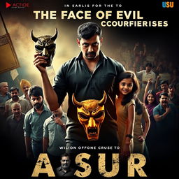 An action crime film poster for 'Asur' featuring a determined Indian man holding a traditional devil mask, symbolizing the fight against societal evils