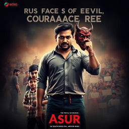 An action crime film poster for 'Asur' featuring a determined Indian man holding a traditional devil mask, symbolizing the fight against societal evils