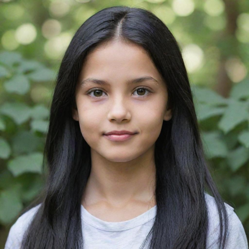 Updated portrait of the same light-skinned girl aged between 11 and 13 years old, now with longer, dynamic-looking black hair