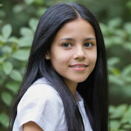 Updated portrait of the same light-skinned girl aged between 11 and 13 years old, now with longer, dynamic-looking black hair