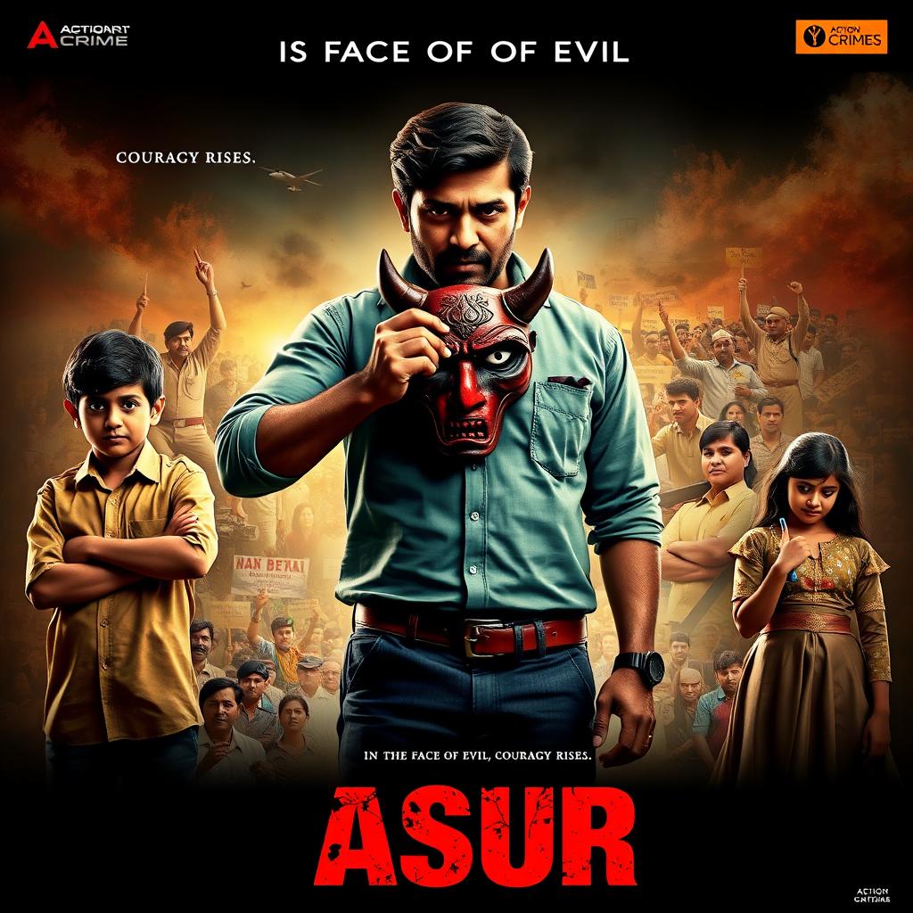 An action crime film poster for 'Asur', featuring a determined Indian man prominently holding a traditional devil mask, symbolizing the fight against societal evils