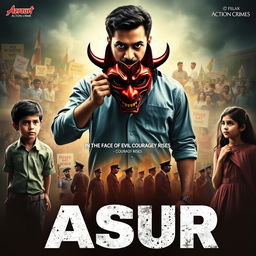 An action crime film poster for 'Asur', featuring a determined Indian man prominently holding a traditional devil mask, symbolizing the fight against societal evils