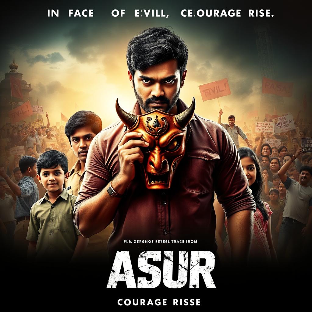 An action crime film poster for 'Asur', featuring a determined Indian man prominently holding a traditional devil mask, symbolizing the fight against societal evils