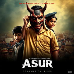 An action crime film poster for 'Asur', featuring a determined Indian man prominently holding a traditional devil mask, symbolizing the fight against societal evils