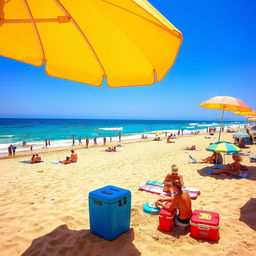 A vibrant beach scene showcasing a sunny day, with soft, golden sands and clear blue waters