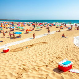 A vibrant beach scene showcasing a sunny day, with soft, golden sands and clear blue waters