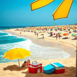 A vibrant beach scene showcasing a sunny day, with soft, golden sands and clear blue waters