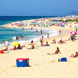 A vibrant beach scene showcasing a sunny day, with soft, golden sands and clear blue waters