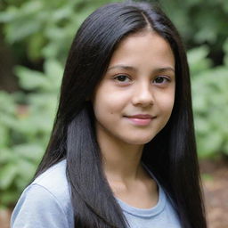 Updated portrait of the same light-skinned girl aged between 11 and 13 years old, now with longer, dynamic-looking black hair