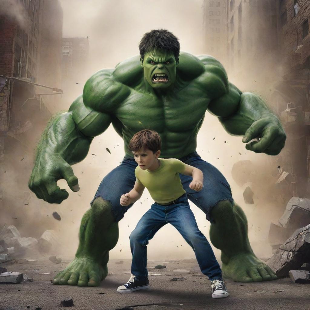 A brave young boy in an epic imaginary battle against the Incredible Hulk in a comic book style setting.