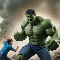 A brave young boy in an epic imaginary battle against the Incredible Hulk in a comic book style setting.