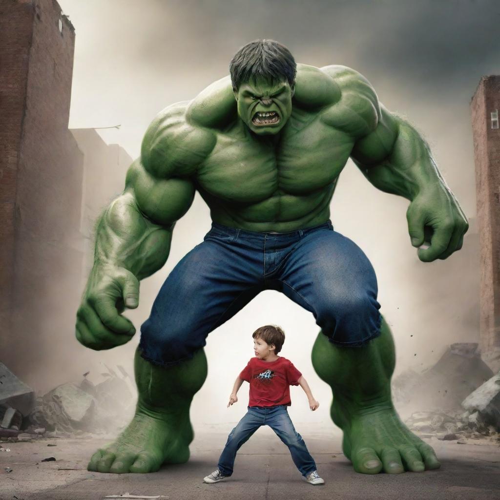 A brave young boy in an epic imaginary battle against the Incredible Hulk in a comic book style setting.