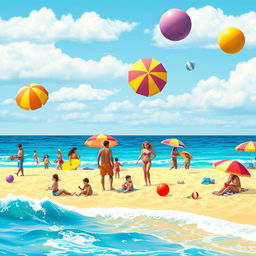 A vibrant beach scene depicting summer fun, with bright blue skies and warm golden sands