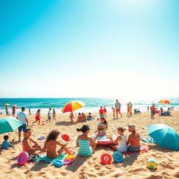 A vibrant beach scene depicting summer fun, with bright blue skies and warm golden sands