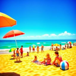 A vibrant beach scene depicting summer fun, with bright blue skies and warm golden sands