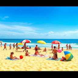 A vibrant beach scene depicting summer fun, with bright blue skies and warm golden sands