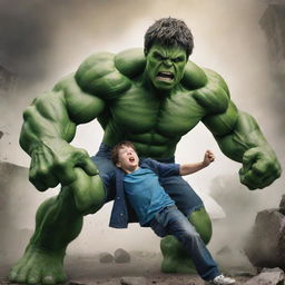 A brave young boy in an epic imaginary battle against the Incredible Hulk in a comic book style setting.