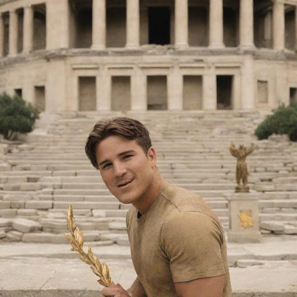 A victorious brunette Hunger Games champion, holding a golden laurel and standing on a podium with the ruins of the arena behind him.