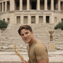 A victorious brunette Hunger Games champion, holding a golden laurel and standing on a podium with the ruins of the arena behind him.