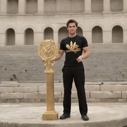 A victorious brunette Hunger Games champion, holding a golden laurel and standing on a podium with the ruins of the arena behind him.