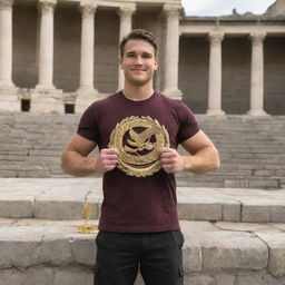 A victorious brunette Hunger Games champion, holding a golden laurel and standing on a podium with the ruins of the arena behind him.