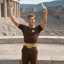 A victorious brunette Hunger Games champion, holding a golden laurel and standing on a podium with the ruins of the arena behind him.