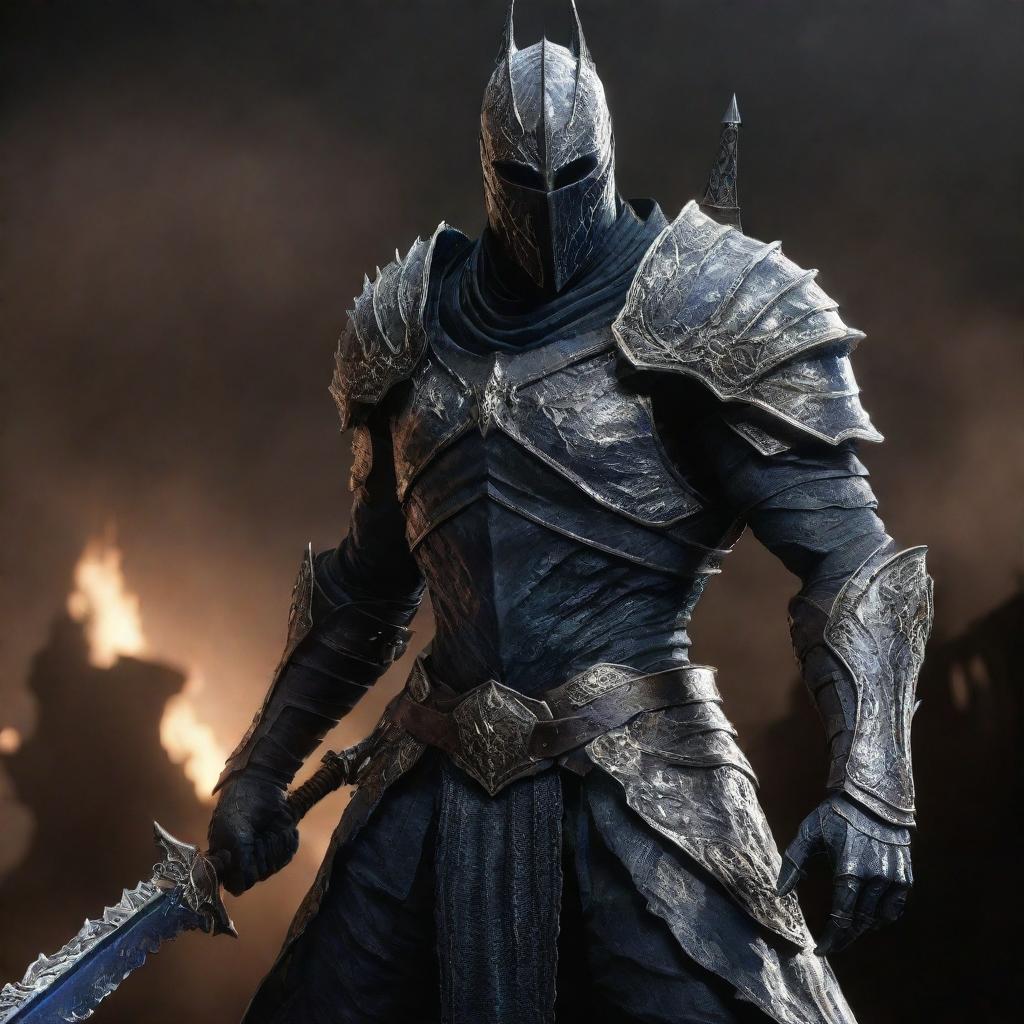 A colossal figure, Artorias, is armored in gleaming steel with intricate adornments. His presence, both awe-inspiring and fearsome, reflects many battle experiences. His eyes, visible in the helm's slit, shine with the intensity of one who faced darkness.